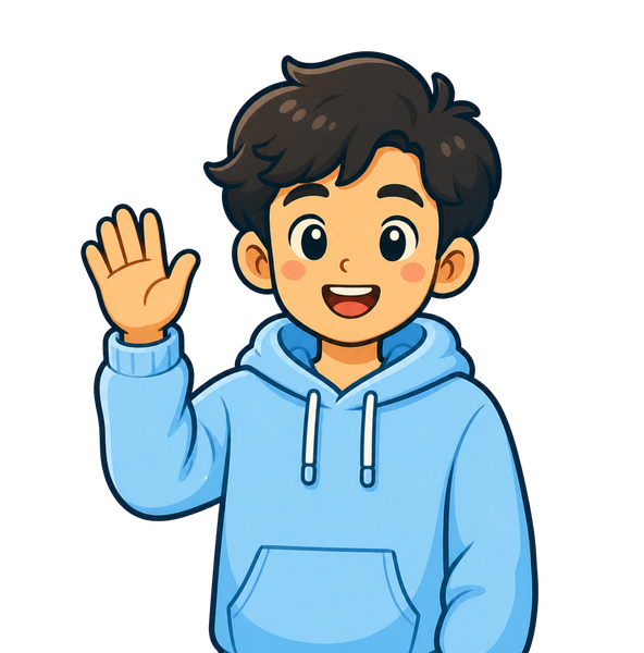 A friendly character waving hello and goodbye